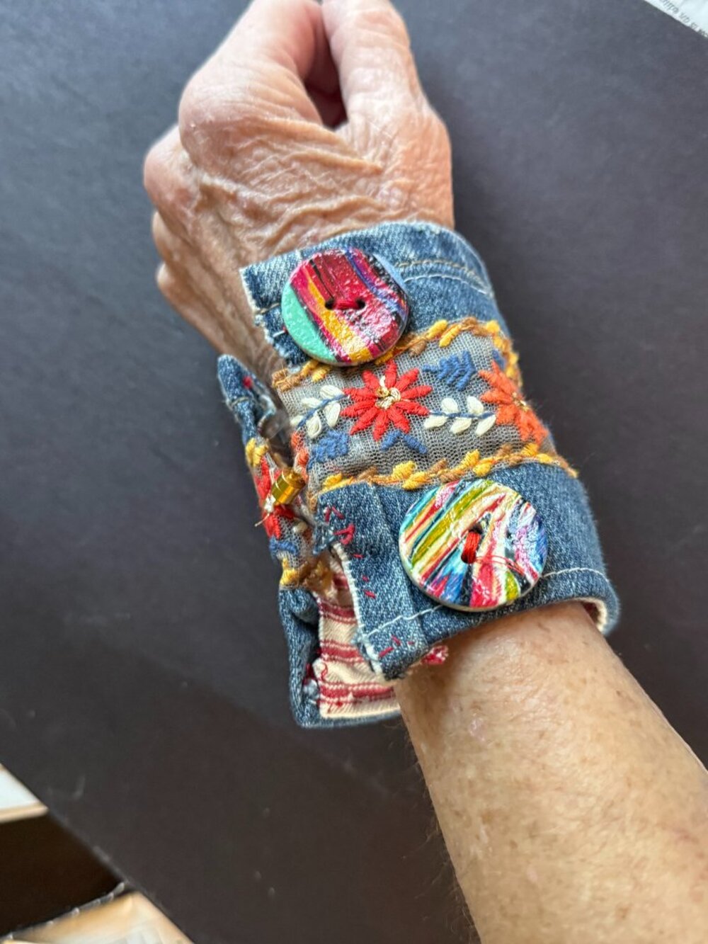 Original artist made Boho Cuff of Denim and Fancy Ribbon